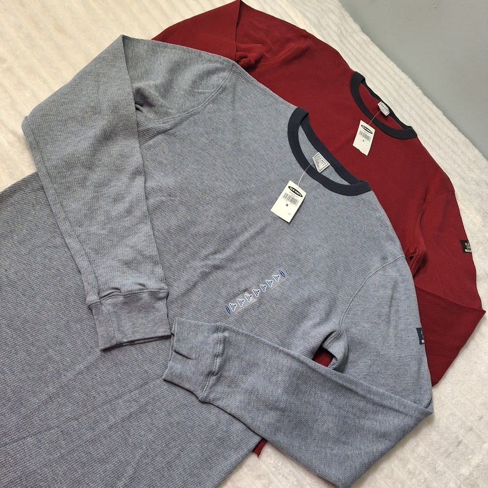 2 Pc Vtg Old Navy Waffle Thermal Knit LS Shirts Mens S Gray Burgundy Ringer Crew